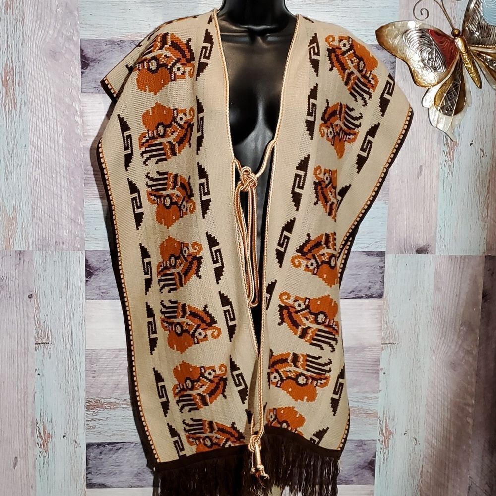Aztec Print Knit Poncho Unisex Fringe Hippie Blanket Jacket One Size 723